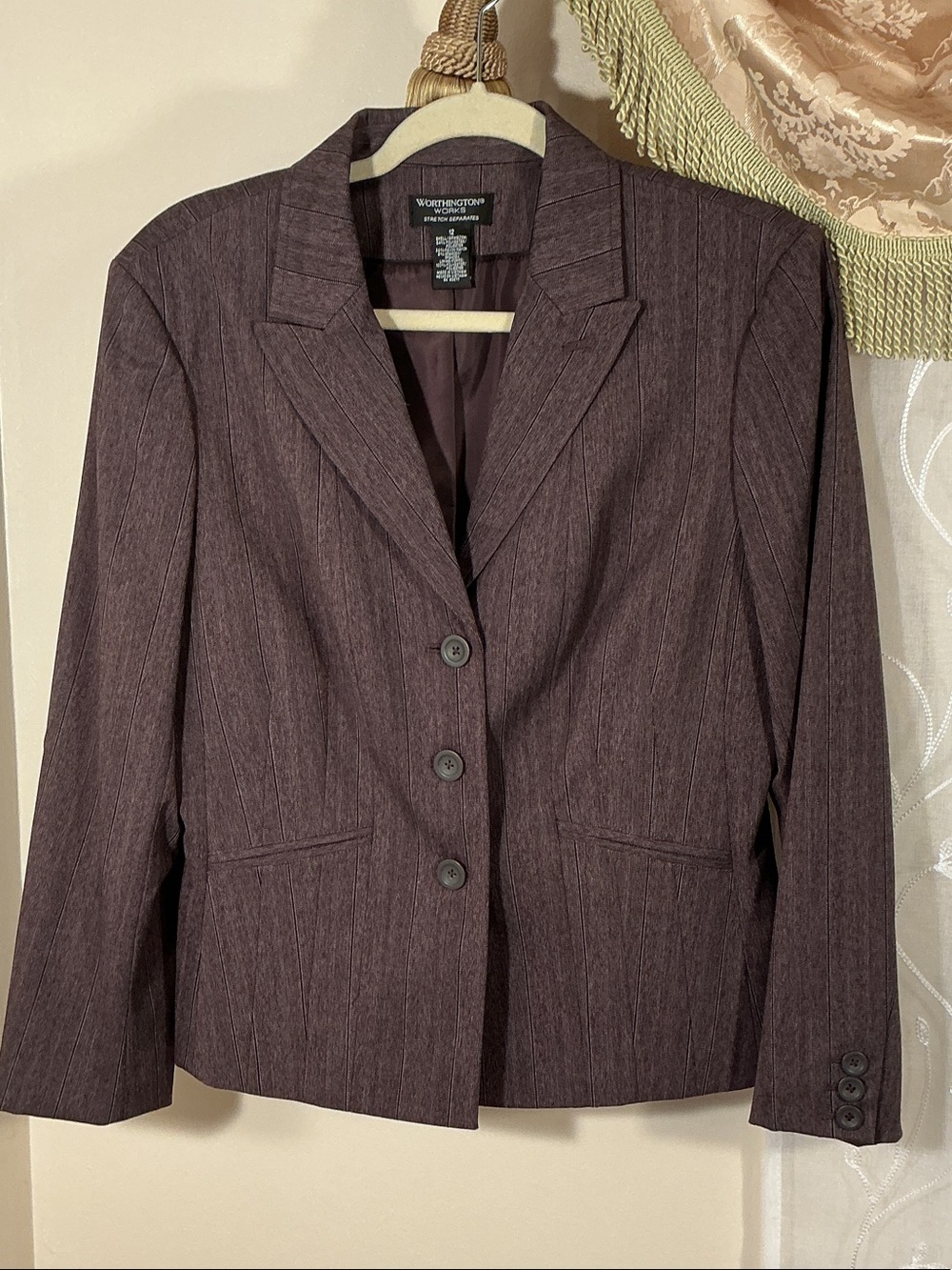 Worthington Classic Women’s Plum Brown Pinstripe Suit Jacket 3 Button Sz 12